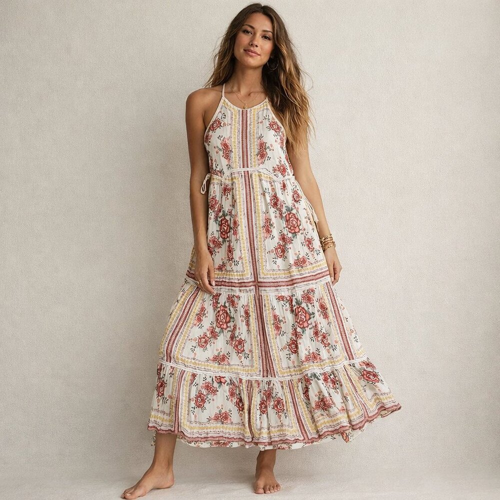 Coco + Jaimeson Women’s Boho Floral Maxi Dress Lace Up Sides Lined Size Large